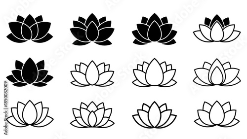 Set of lotus flower vector icons in black, grayscale, and outline styles arranged in a clean grid for decorative design use
