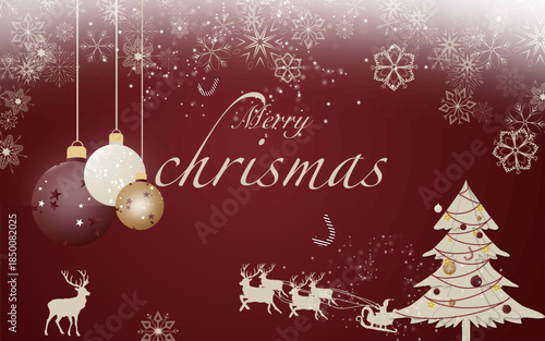 Elegant Merry Christmas background festive decorations  a deep red backdrop. This luxury holiday design features hanging Christmas ornaments, delicate snowflakes,decorated Christmas tree, reindeer