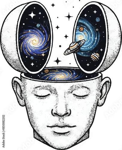 Surreal Open Mind Cosmic Illustration — Human Head with Galaxy, Planets and Universe Inside, Spiritual Consciousness and Imagination Concept Art
