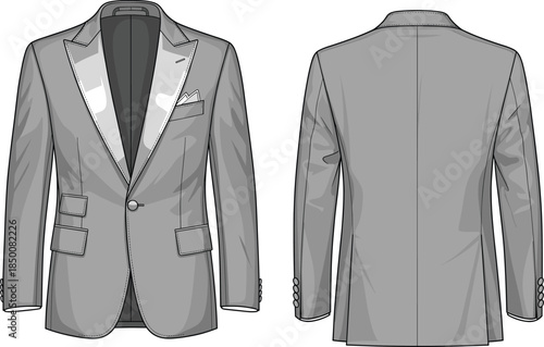 Men’s blazer vector illustration, fashion design sketch, front and back views, notched lapel, pocket square, flap pockets, tailored seams, garment layout