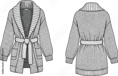 Knitted cardigan vector illustration, fashion design sketch, front and back views, shawl collar, belted waist, ribbed cuffs and hem, garment layout