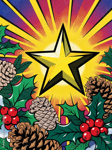 Vibrant pop art Christmas star illustration with festive holly and pinecones for holiday cheer and joyful celebrations