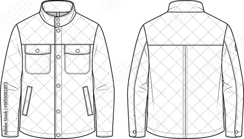 Structured jacket vector illustration, fashion design sketch, front and back views, stand-up collar, flap and zip pockets, garment construction layout