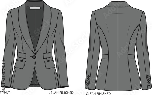 Tailored women's blazer technical illustration, front and back views, notched lapel, flap pockets, princess seams, single-button closure, fashion design reference