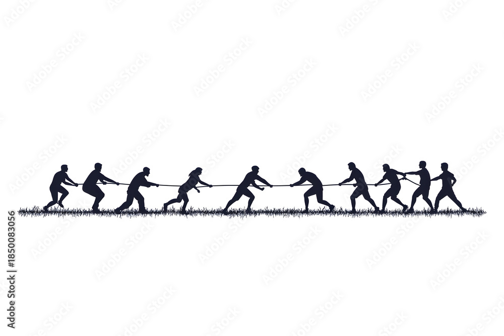 Obraz premium Teamwork in Tug-of-War: A silhouette of determined individuals engaged in a dynamic tug-of-war, symbolizing strength and cooperation in pursuit of a common goal.
