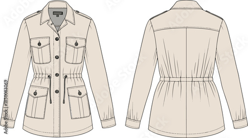 Utility jacket vector illustration, fashion design sketch, front and back views, flap pockets, cinched waist, button closure, garment construction layout