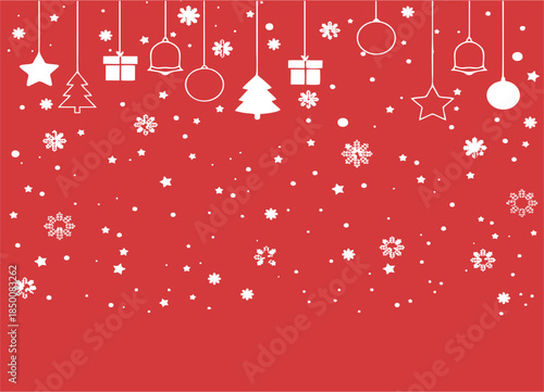 Christmas Hanging Decorations and Snowflakes on Red Background