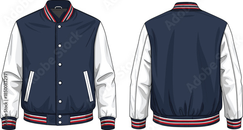 Varsity jacket vector illustration, fashion design sketch, front and back views, striped ribbed collar and cuffs, white sleeves, garment construction layout