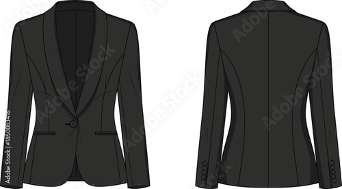 Women's tailored blazer technical illustration, front and back views, notched lapel, single-button closure, welt pockets, princess seams, fashion sketch