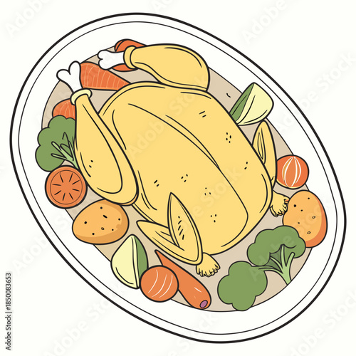 cartoon roasted chicken with vegetables on plate clip art preview