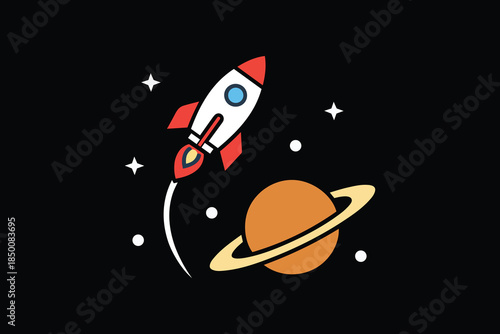 Rocket ship launching in space with planet and stars