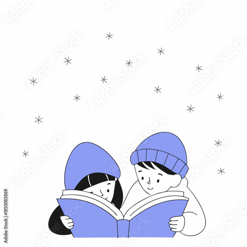 Kids Reading Book With Only Winter Star Outline