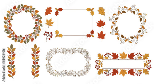 Autumn Leaves Wreaths Frames Isolated on White