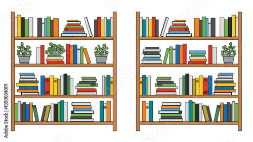 Two wooden bookshelves filled with colorful books and small potted plants create a cozy and organized home library aesthetic.