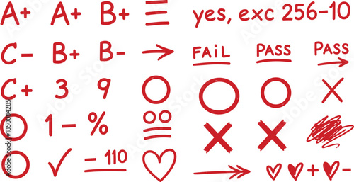"Handwritten grading marks and academic feedback symbols with red ink annotations, evaluative notations, vector design for education"