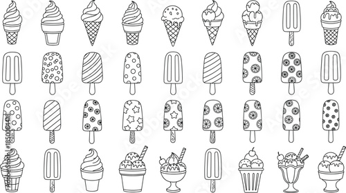 "Forty black and white ice cream and popsicle vector designs with cones, sundaes, frozen treats for coloring artwork"