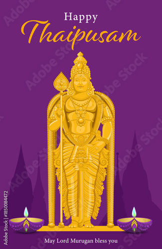 Happy Thaipusam Poster with Lord Murugan Statue on Purple Background and Oil Lamps