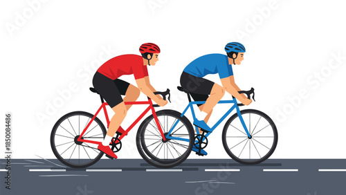 Two cyclists in racing gear compete side by side on a road, demonstrating speed and athletic competition.