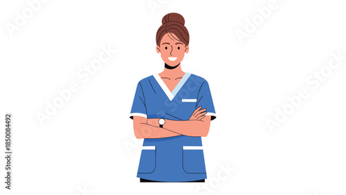 Confident female healthcare worker in scrubs stands with arms crossed, representing medical professionals and patient care.