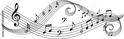 "Abstract flowing musical staff lines with treble and bass clefs, decorative notes, artistic vector illustration celebrating rhythm and harmony"