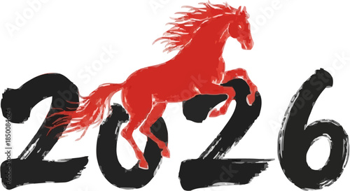 Illustration of a red horse jumping over the year 2026, symbolizing Chinese New Year