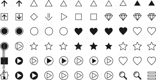 "User interface icons with arrows, geometric shapes, hearts, stars, media controls, home, magnifying glass, menu variations" 
