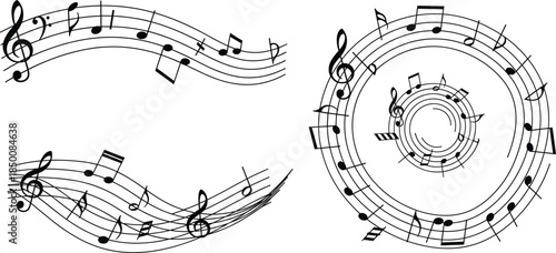 "Musical staff designs with treble clefs, notes, wave patterns and circular compositions for creative music artwork" 