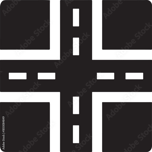 Heavy runway cross pattern inside square tile, abstract airport infrastructure icon, vector design.