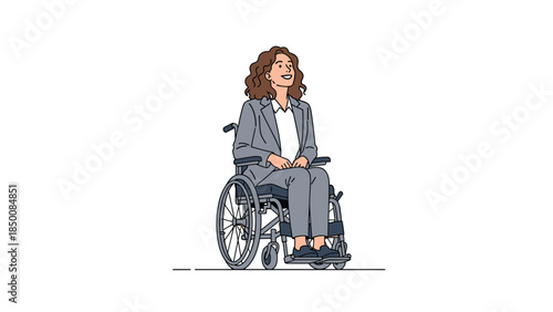 Confident businesswoman in a wheelchair smiles while looking upwards, representing inclusivity and professional success.