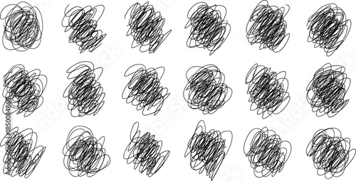 "Abstract scribble doodles with chaotic overlapping loops and irregular line clusters for artistic vector design"
