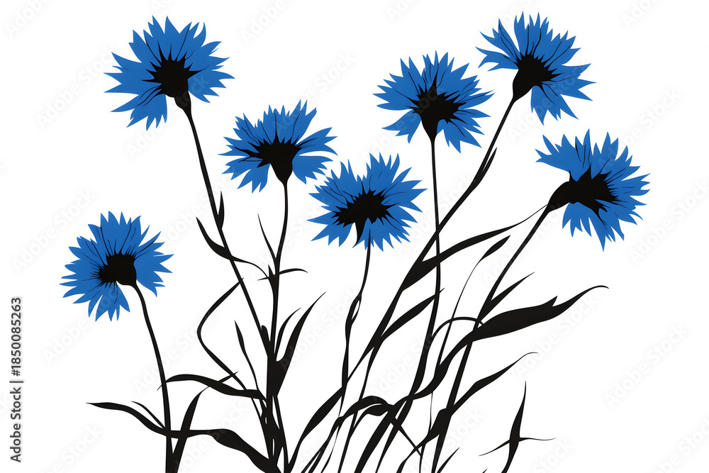 Obraz premium Vibrant Cornflowers: An artistic depiction showcases a cluster of cornflowers in full bloom, their vivid blue petals contrasting against elegant green stems and leaves.