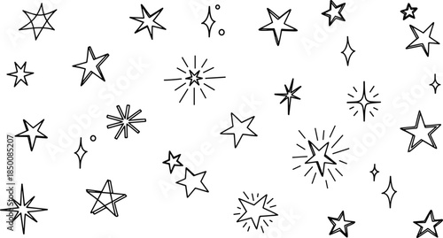 "Hand drawn star doodles with spark shapes, twinkles, decorative celestial icons for playful design artwork"