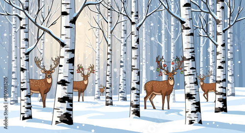 Deer Standing Among Bare Trees in Snowy Forest