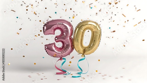 Celebrate thirtieth birthday with shiny pink and gold balloons and confetti