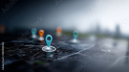 Ultra-realistic 4K digital map visualization showing a city map from a slightly angled top-down perspective, with glowing location pins placed at multiple points to represent busin