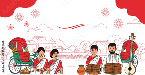 Traditional village scene with musicians, women in sarees, decorated rickshaws, and rural background on white background cultural illustration 