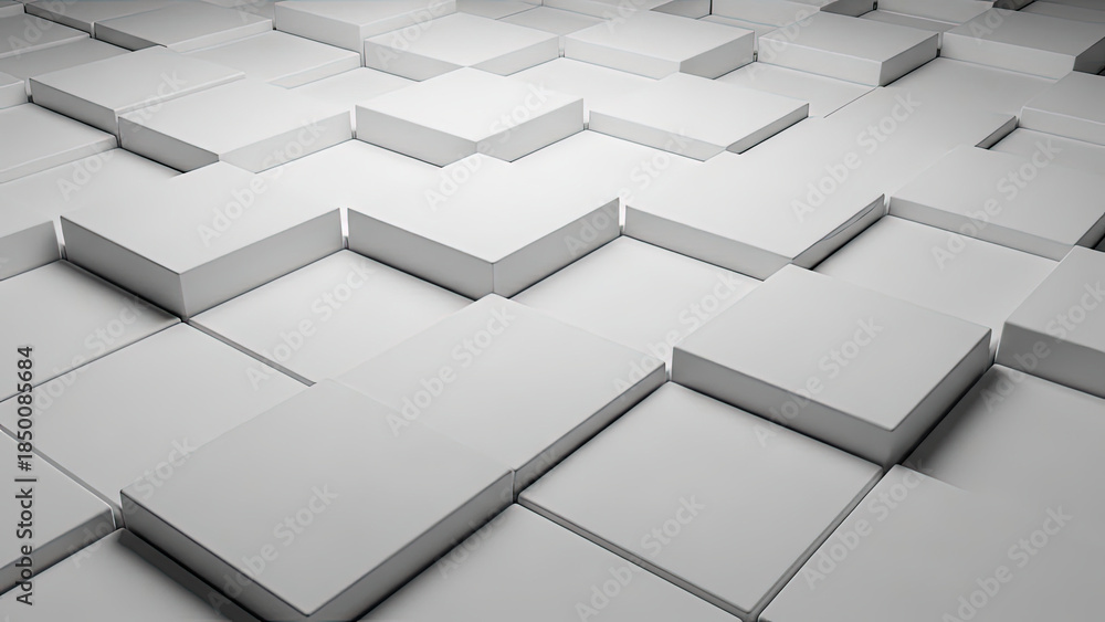 Fototapeta premium White 3D Cube Blocks Geometric Pattern with Raised Rectangular Shapes. Architecture, and Technology