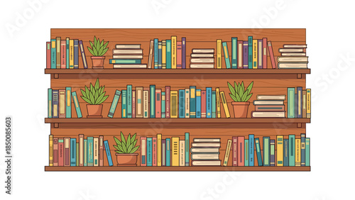 Detailed illustration of a wooden bookshelf filled with colorful books and small potted plants creates a cozy and inviting atmosphere.
