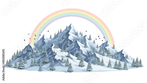 Majestic snow covered mountain range under a soft pastel rainbow with evergreen trees and flying birds