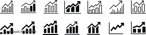 Business growth chart icon set showing analytics statistics bar line graphs financial performance vector illustration modern minimal black white design