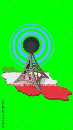 Loopable 3D animation of a telecom tower on an Iran map flag emitting signal waves.Radio, broadcasting, and connectivity concepts. Chroma key green screen with alpha channel.