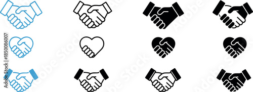 versatile collection of handshake icons in outline  handshake, icon, symbol, agreement, partnership, cooperation, trust, and glyph styles, including a heart-shaped version