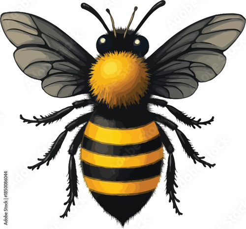Vector art of a detailed illustration of a bee with its wings spread wide, showcasing its yellow and black body, isolated on white background