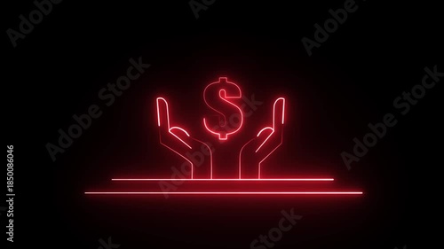 a neon-style graphic of hands holding or presenting a dollar sign, symbolizing money, wealth, or financial value. 