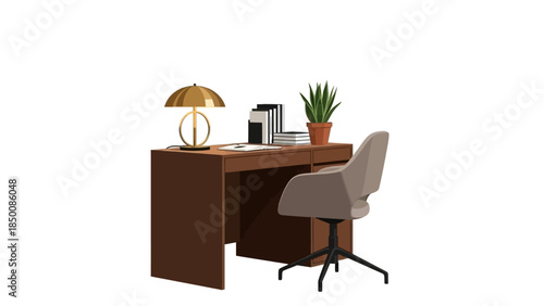 A brown desk setup with a gold lamp books plant and modern office chair