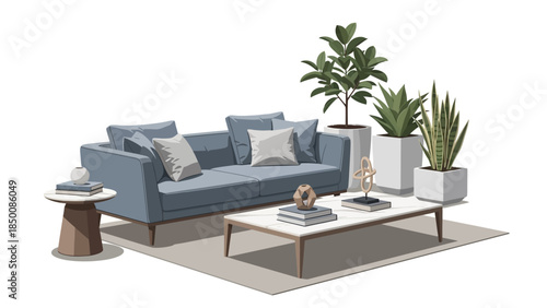 A modern living room vignette with a blue sofa coffee table and potted plants