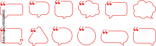 Set of various empty red outline quote boxes and quote, box, bubble, speech, chat, message, speech bubbles