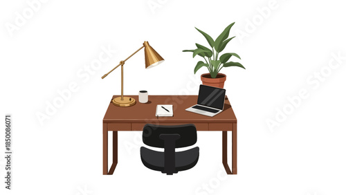 An illustration of a wooden desk setup with a lamp laptop plant and chair