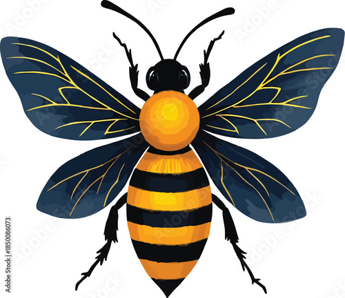 Vector art of a stylized bee with intricate wings featuring blue and gold details, captured midflight on a white background
