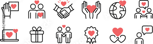collection of linear icons illustrating love, relationships, and charitable concepts.